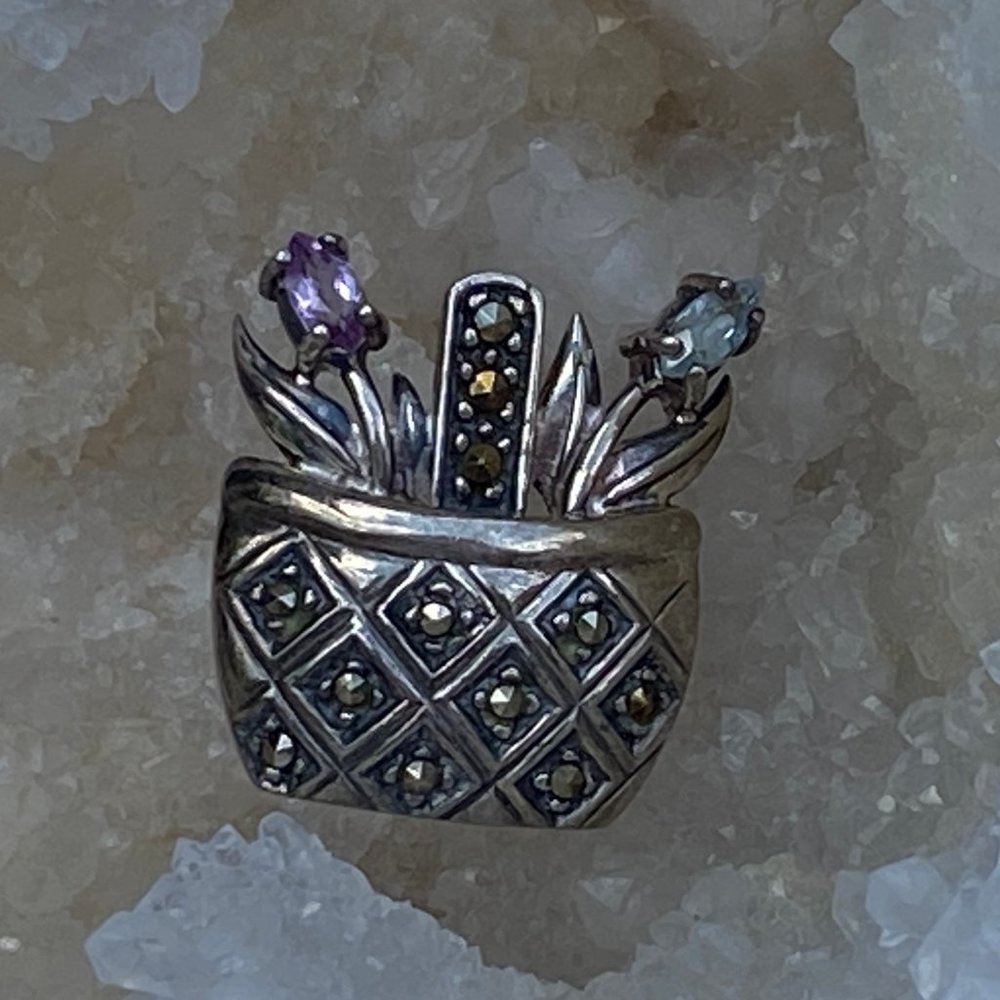 Vintage Sterling Silver Flower Basket Brooch Pin w/Blue Topaz? Amethyst? Flowers
